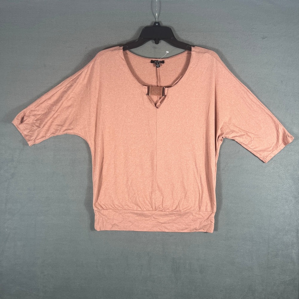 AUW Women Top S Pink Heathered Dolman 3/4 Sleeve Metal Mesh Detail Banded Hem